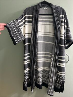 Vince Womens Cardigan Multi Stripe Black Ivory Cotton Knit Sweater Revolve